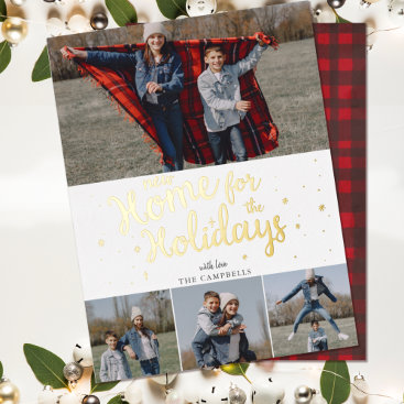 Script Red Plaid New Home for Holidays Photo Foil Holiday Card