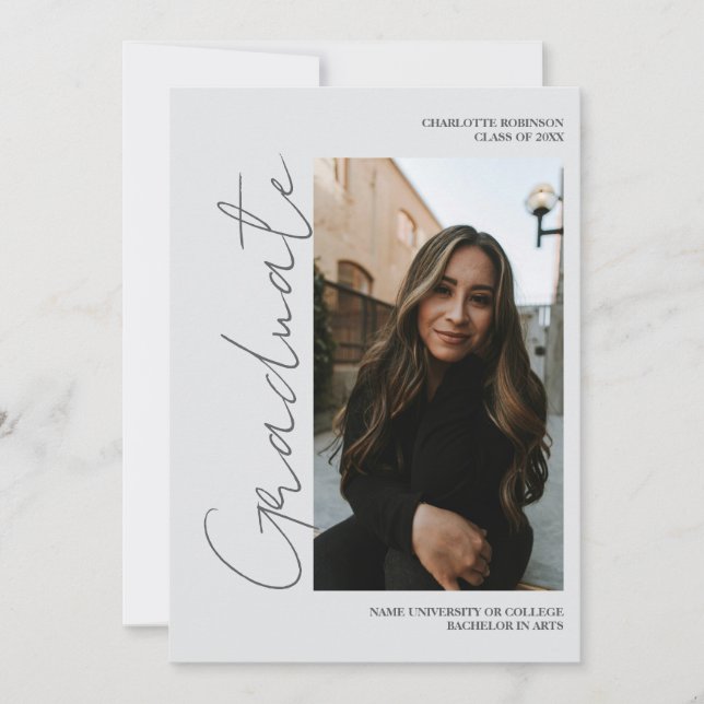 Script retro gray graduate photo graduation invitation (Front)