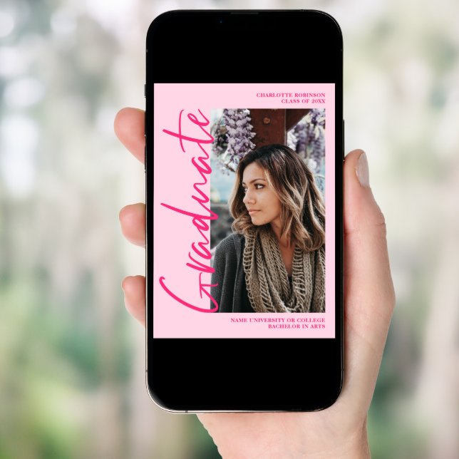  Script retro neon pink graduate photo graduation Invitation (Front Digital)