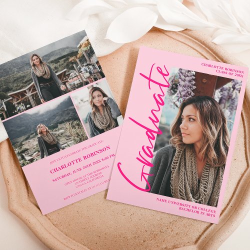  Script retro neon pink graduate photo graduation Invitation