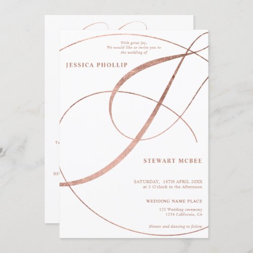 Script rose gold all in one calligraphy wedding invitation - Chic and elegant faux rose gold foil all in one calligraphy wedding invitation with and flourish ampersand rsvp, accommodations, details, and more info. With a beautiful brush calligraphy script.