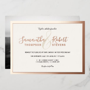 Script rose gold border photo wedding foil invitation