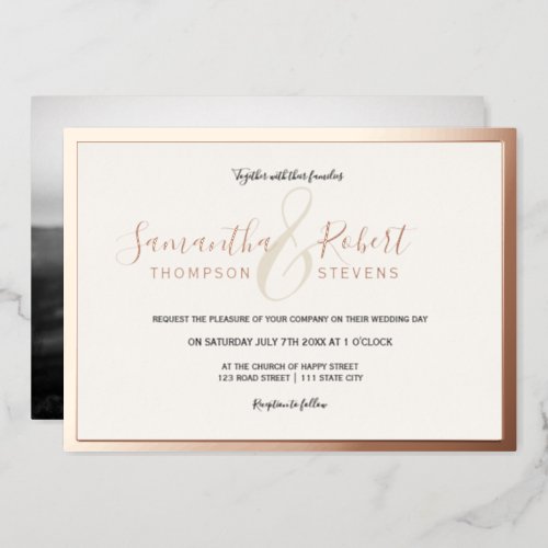 Script rose gold border photo wedding foil invitation