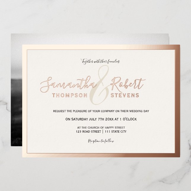 Script rose gold border photo wedding foil invitation (Front/Back)