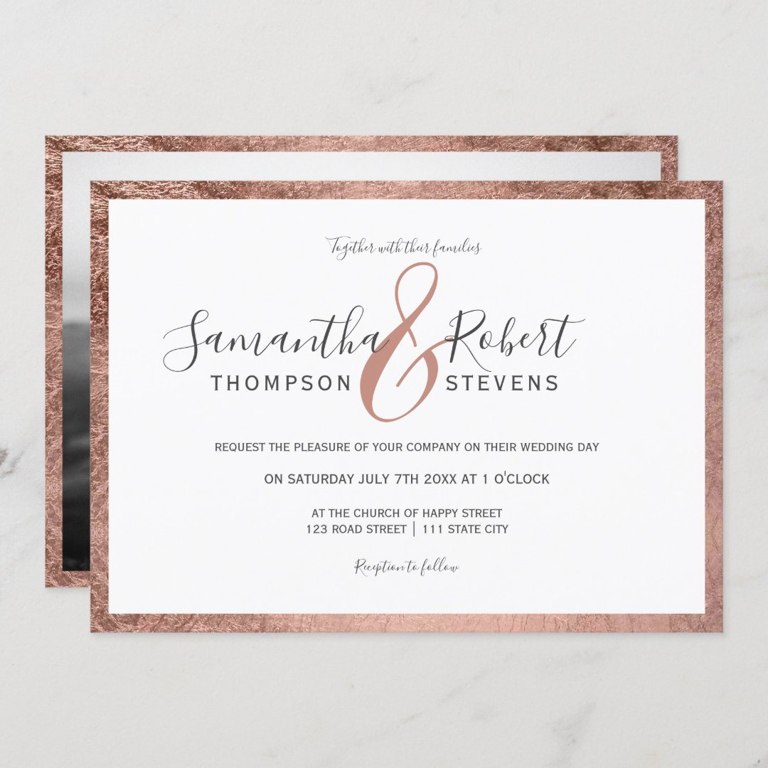 Script rose gold border white photo wedding invitation | Zazzle