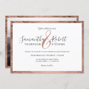 Script rose gold border white photo wedding invitation