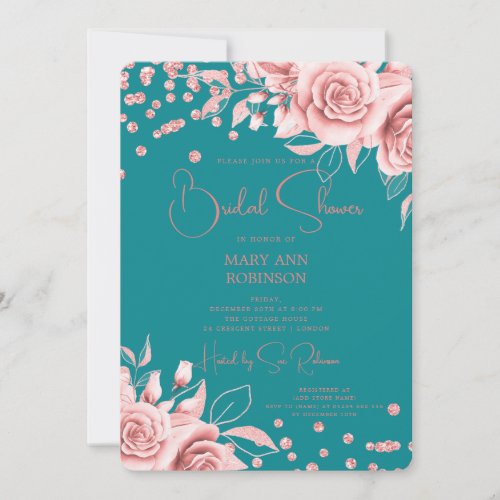 Script Rose Gold Floral Glitter Bridal Shower Teal Invitation