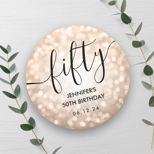 Script Rose Gold Glitter Lights 50th Birthday  Classic Round Sticker