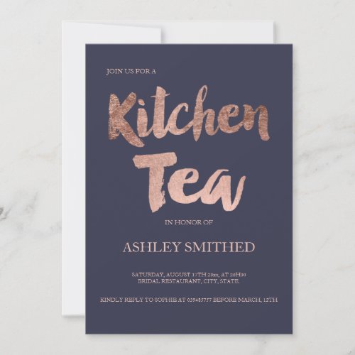Script rose gold navy blue kitchen tea bridal invitation