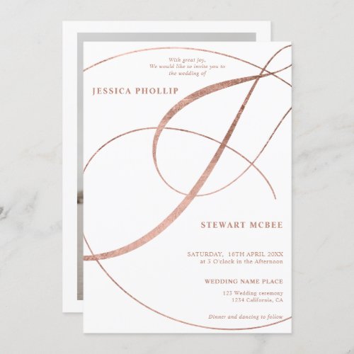 Script rose gold photo calligraphy wedding invitation - Chic and elegant rose gold foil calligraphy wedding invitation with and flourish ampersand , add your photo. With a beautiful brush calligraphy script.