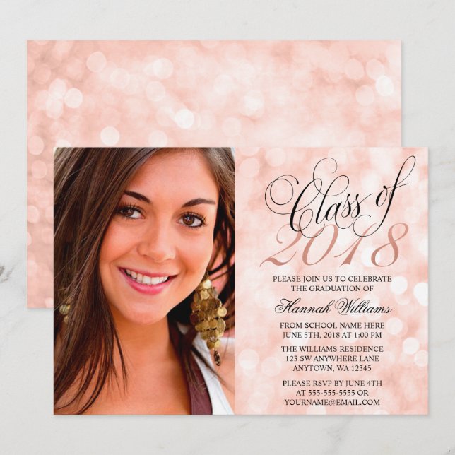 Script Rose Gold Photo Graduation Announcement (Front/Back)