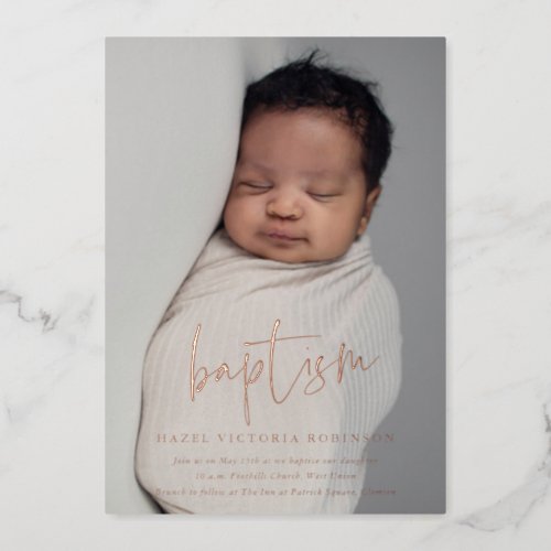 Script Rose Gold Religious Baptism  Christening Foil Invitation