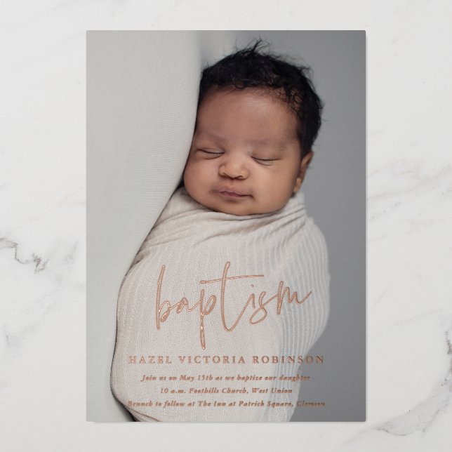 Script Rose Gold Religious Baptism & Christening Foil Invitation (Front)