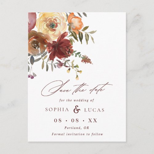 Script Rust Burgundy Floral Wedding Save the Date Announcement Postcard