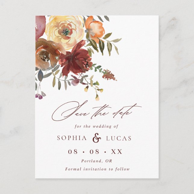 Script Rust Burgundy Floral Wedding Save the Date Announcement Postcard (Front)