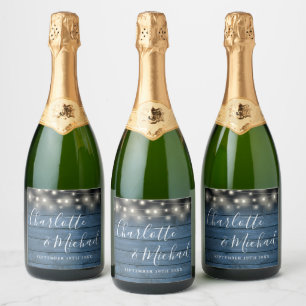 Script Rustic Blue Wood String Lights Wedding Sparkling Wine Label