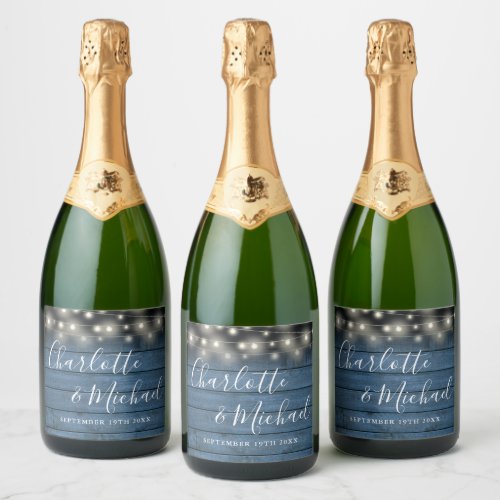 Script Rustic Blue Wood String Lights Wedding Sparkling Wine Label