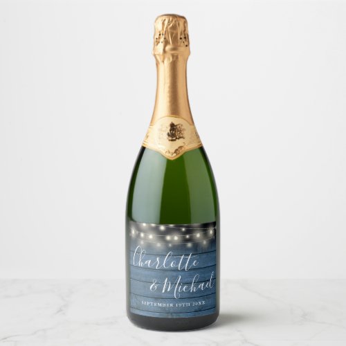 Script Rustic Blue Wood String Lights Wedding Sparkling Wine Label