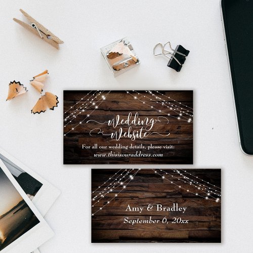 Script Rustic Wood  Light Strings Wedding Website Enclosure Card