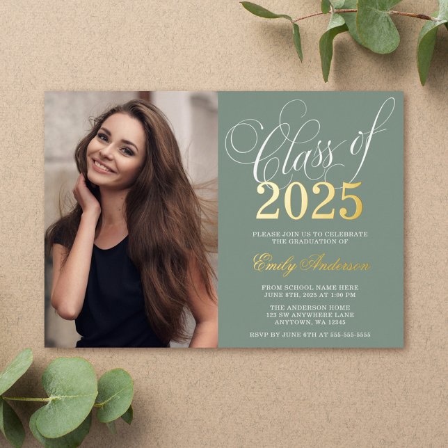 Script Sage Green 2025 Photo Graduation Party Gold Foil Invitation (Creator Uploaded)