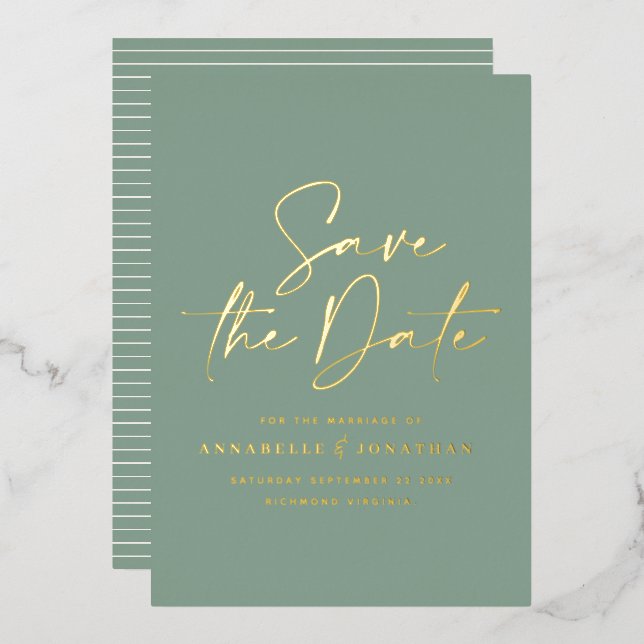 script sage green foil wedding save the date invitation (Front/Back)