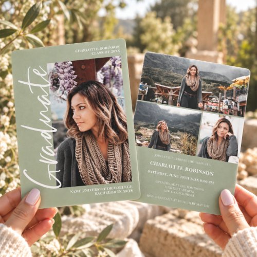 Script sage green graduate photo graduation Invitation