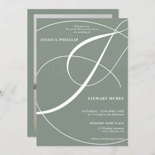 Script sage green photo calligraphy wedding invitation - Chic and elegant sage green and white calligraphy wedding invitation with and flourish ampersand , add your photo. With a beautiful brush calligraphy script.