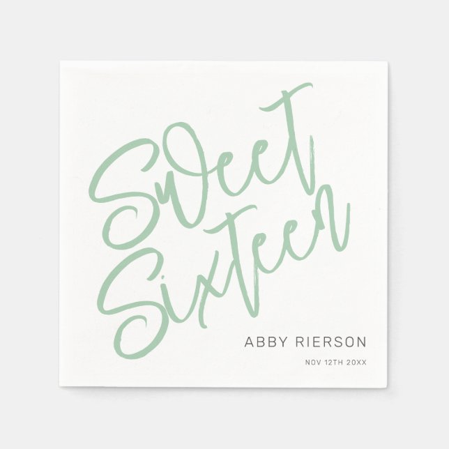 Script Sage Green Sweet Sixteen Custom Name Napkins (Front)