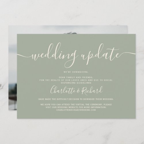 Script sage green wedding downsizing photo announcement