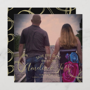 Script Save the Date Photo Faux Swirl  Black Gold Card