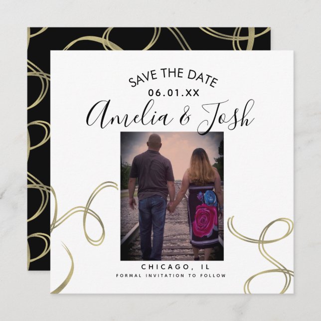 Script Save the Date Photo Faux Swirl  Black White Card (Front/Back)