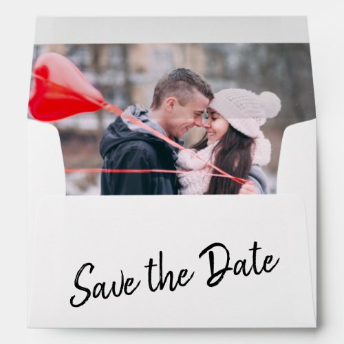Script Save the Date Return Address Wedding Photo Envelope - Modern Script Save the Date Return Address Wedding Photo envelope. Personalize the envelope with your photo, bride and groom`s names and the address. Change or erase the Save the date text. Great for your wedding, engagement and save the date mailing.