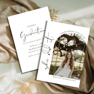 Script She Did It Minimalist Graduation Girl Photo Invitation