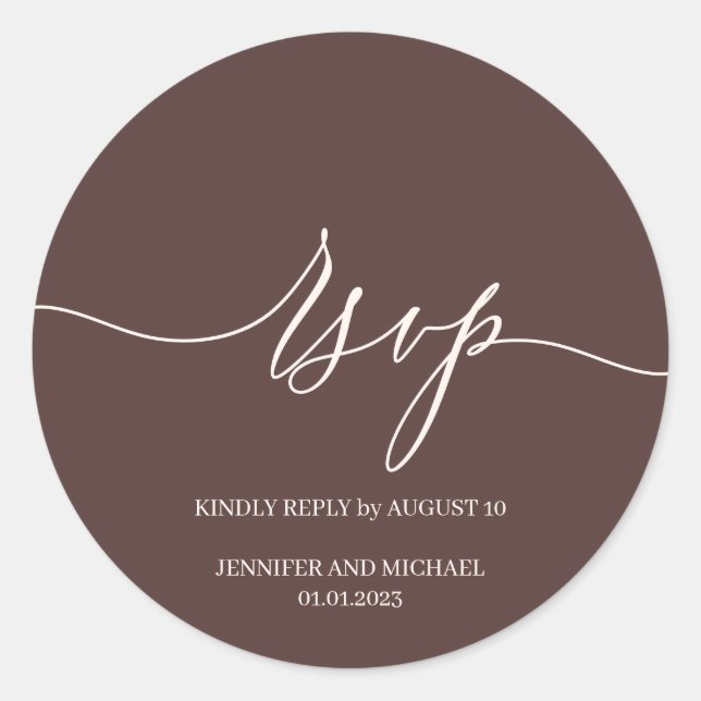 Script Signature Elegant Wedding Chocolate Brown Classic Round Sticker (Front)