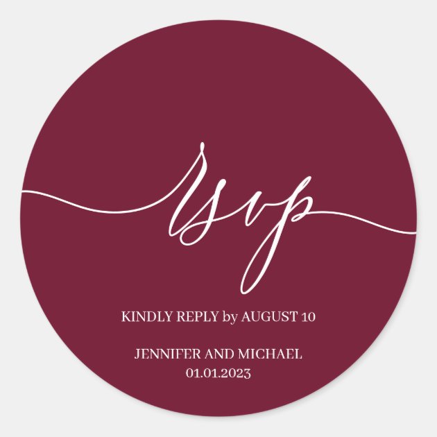 Script Signature Elegant Wedding RSVP burgundy Classic Round Sticker
