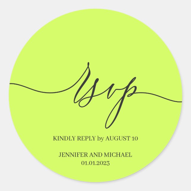 Script Signature Elegant Wedding RSVP Cyber Lime Classic Round Sticker (Front)