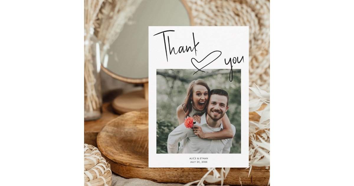 Script Signature Heart Photo Wedding Thank You Card | Zazzle