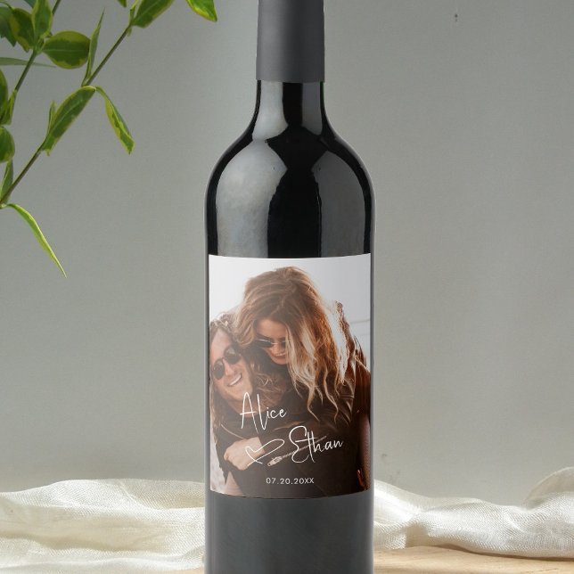 Script Signature Heart Photo Wedding Wine Label (Creator Uploaded)