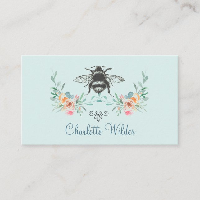 Script Signature Personalized Bee Floral Blue Calling Card (Front)