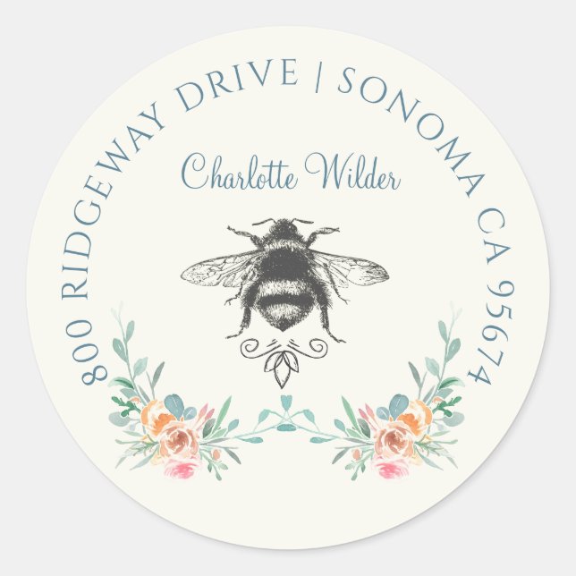 Script Signature Personalized Bee Floral  Classic Round Sticker (Front)