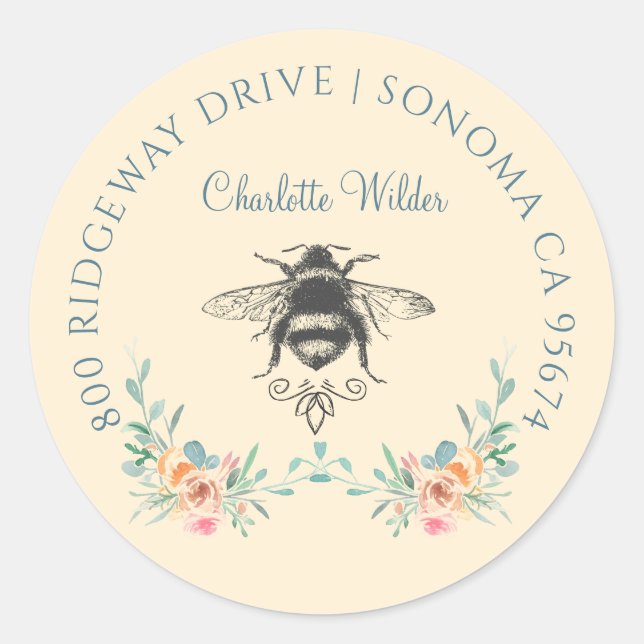 Script Signature Personalized Bee Floral  Classic Round Sticker (Front)