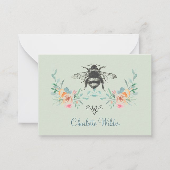 Script Signature Personalized Bee Floral Green  Note Card (Front)