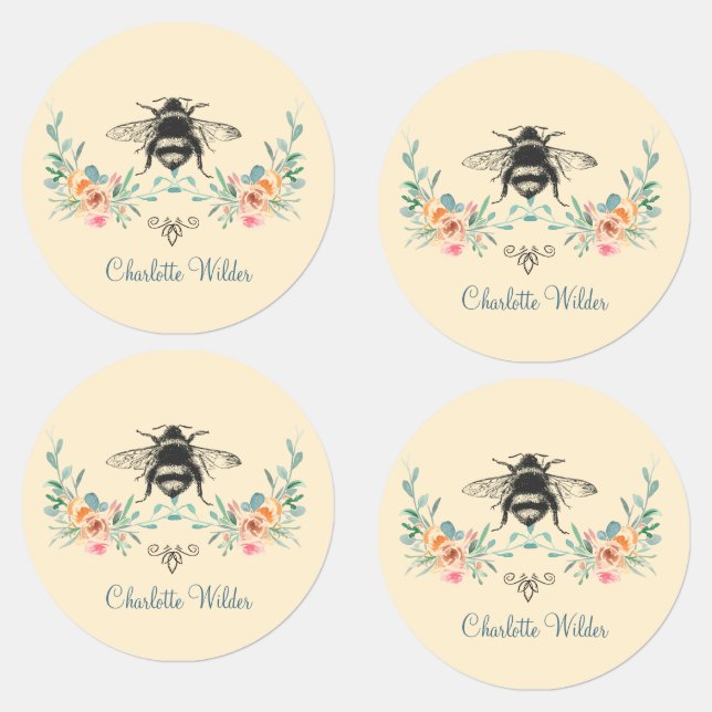 Script Signature Personalized Bee Floral Kids' Labels (Group)