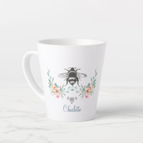 Script Signature Personalized Bee Floral  Latte Mug