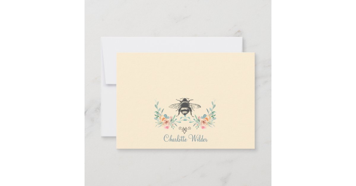 Script Signature Personalized Bee Floral Note Card | Zazzle