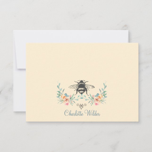 Script Signature Personalized Bee Floral  Note Card (Front)