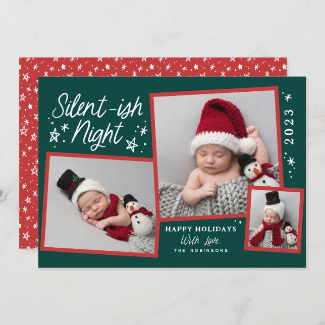 Script Silent-ish Night 3 Photo Collage  Holiday Card (Front/Back)