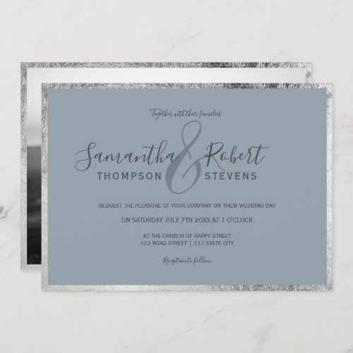 Script silver border dusty blue photo wedding invitation