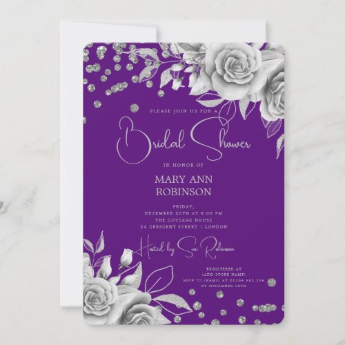 Script Silver Floral Glitter Bridal Shower Purple  Invitation
