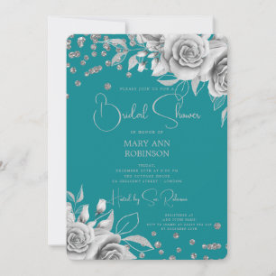 Script Silver Floral Glitter Bridal Shower Teal Invitation